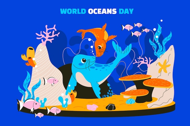 世界海洋デーのお祝いのフラットの図