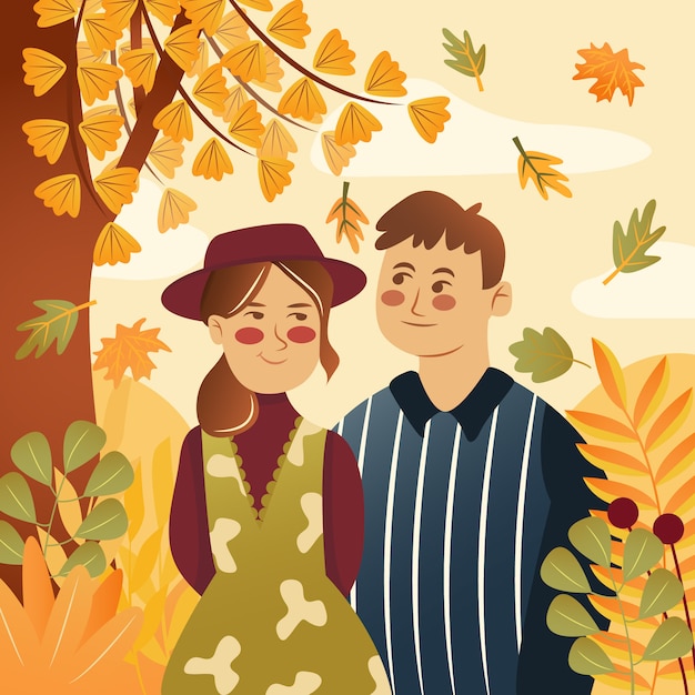 Vector flat illustration gelukkige paar met herfst bloemen thema