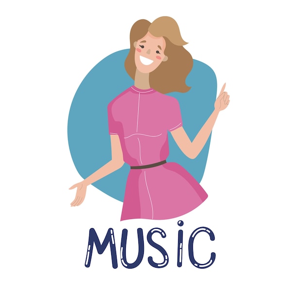 Vector a flat illustration of a girl in a pink dress listening and dancing to music in a cartoon handdrawn style