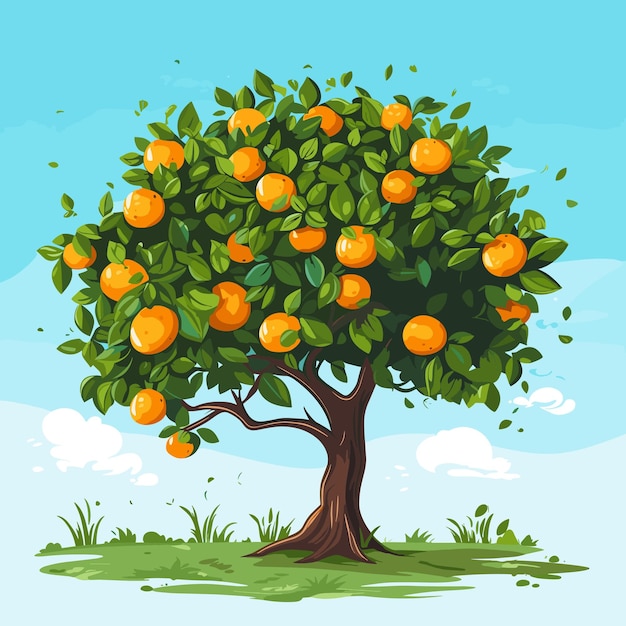 Vector flat illustration of a green summer orange tree with bright fruits on a blue sky background