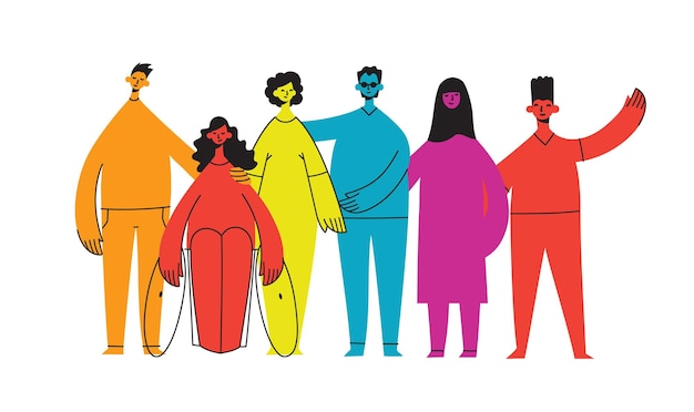 Flat illustration of a group containing inclusive and diversified people all together without any difference