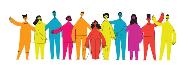 Плоская иллюстрация группы, состоящей из инклюзивных и разнообразных людей вместе без какой-либо разницы
