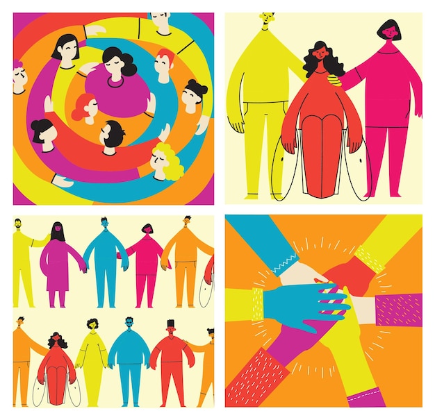 Illustrazione piatta di un gruppo contenente persone inclusive e diversificate tutte insieme senza alcuna differenza