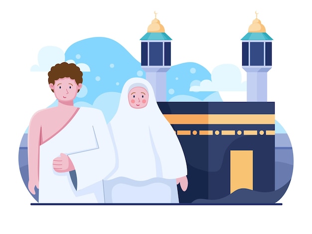 Illustrazione piatta di hajj e umrah viaggi religione islamica tradizione