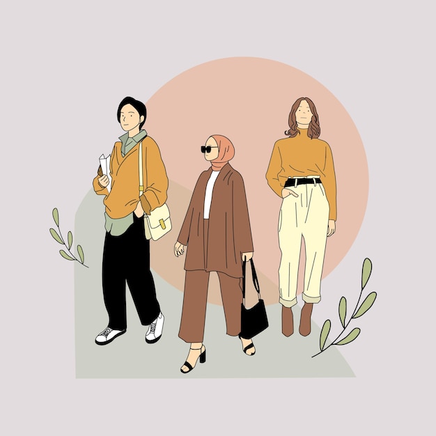 Vector flat illustration of hand drawn flat people with fashionable girl collection