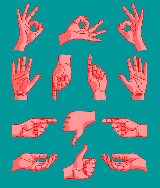 Vector flat illustration of hands gesturing up, down, ok, stop, take, left, right