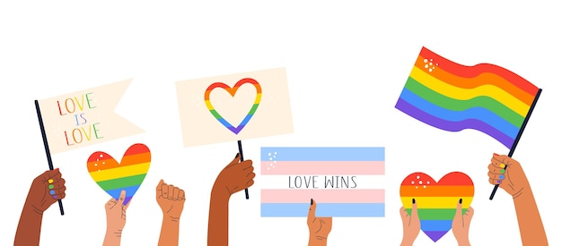Плоская иллюстрация рук, держащих знамена, флаги с символами ЛГБТ и сердца радуги.