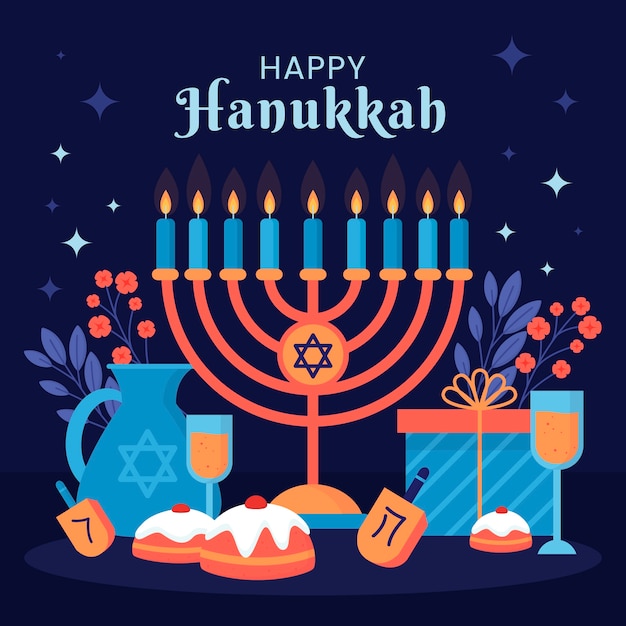 Vector flat illustration for hanukkah celebration with menorah and presents