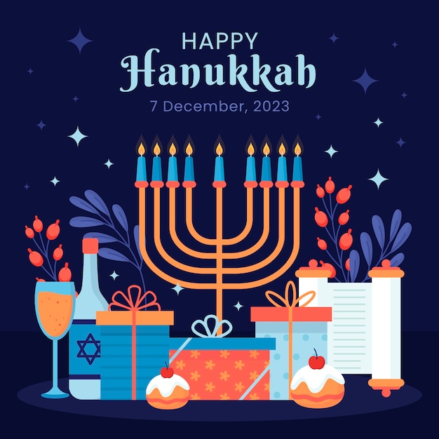 Illustrazione piatta per la celebrazione di hanukkah con menorah e regali