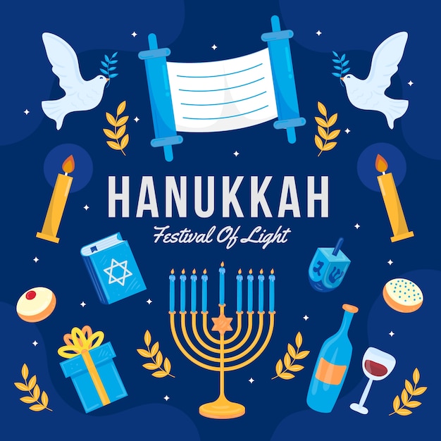 Vettore illustrazione piatta per la celebrazione di hanukkah con pergamena e colombe