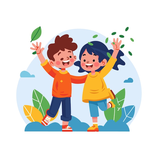 A flat illustration of happy children with a tree