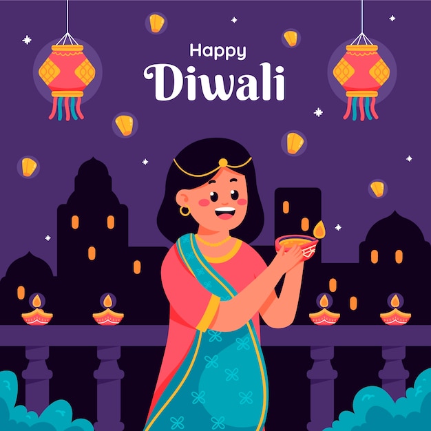 Flat illustration for hindu diwali festival celebration