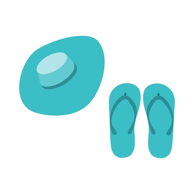 Vector a flat illustration of the icons of a turquoise summer hat and a flipflop on a white background
