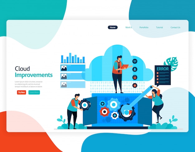 Плоская иллюстрация улучшений облака. Ремонт и обслуживание облачных технологий хранения.