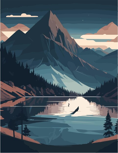 a flat illustration inspired by mountains and lake vibes