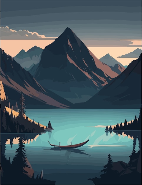 a flat illustration inspired by mountains and lake vibes