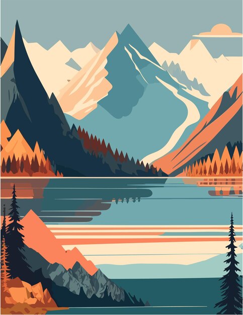 a flat illustration inspired by mountains and lake vibes