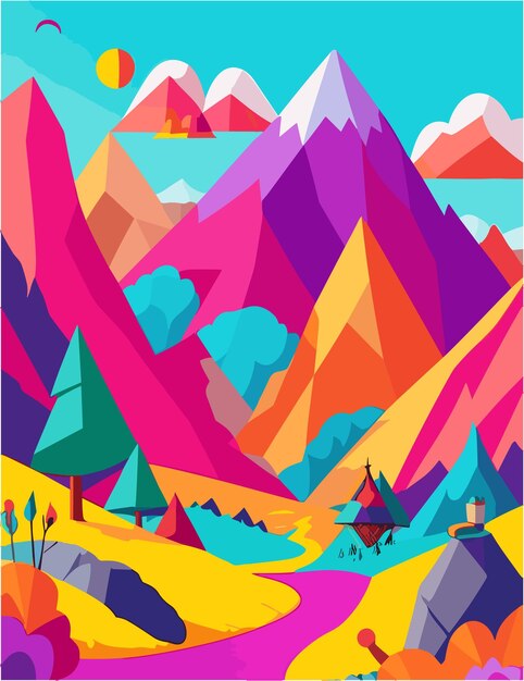 a flat illustration inspired by mountains and lake vibes