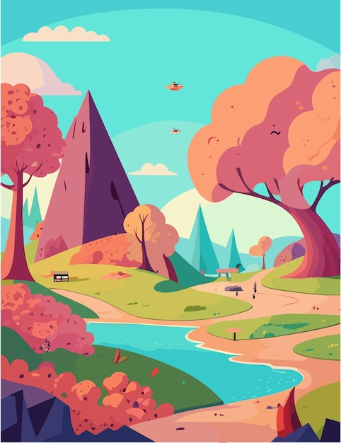 a flat illustration inspired by mountains and lake vibes