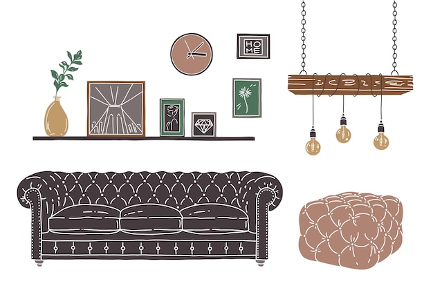 Flat Illustration of interior room. Vector sketch with grey sofa, pouf, lamp. Loft style interior