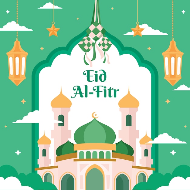 flat illustration for islamic eid al-fitr celebration