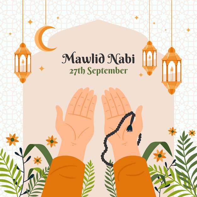 Flat illustration for islamic mawlid al-nabi holiday celebration