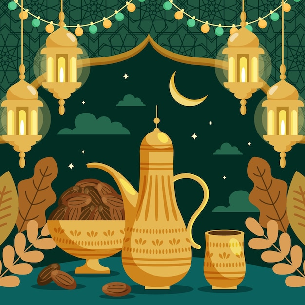 Vettore illustrazione piatta per la celebrazione del ramadan islamico