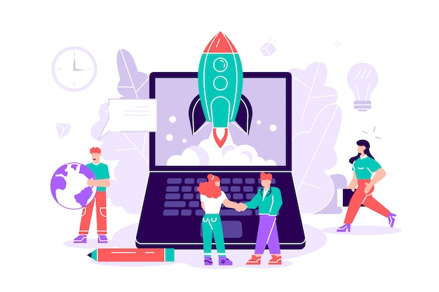 Flat  illustration isolated.Concept startup launch of a new business for web page, banner, presentation, social media, business project start up. young emerging company. rocket launch into space