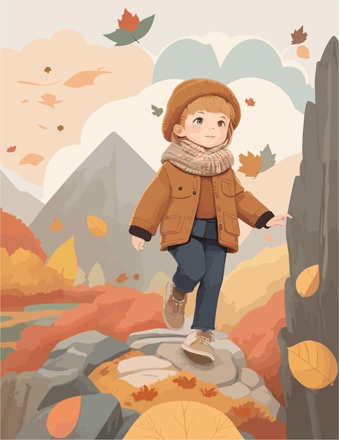 A flat illustration of kid character with fall season and landscape backgroiund