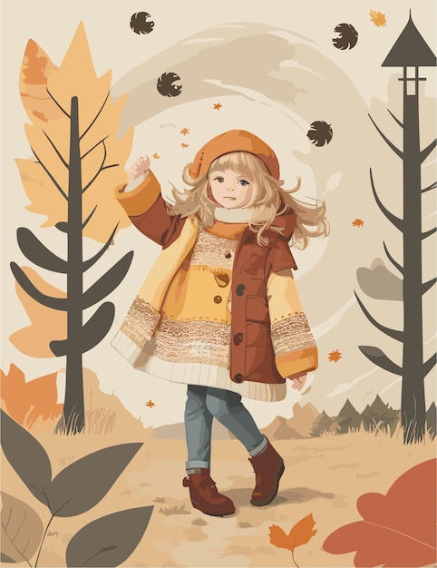 A flat illustration of kid character with fall season and landscape backgroiund