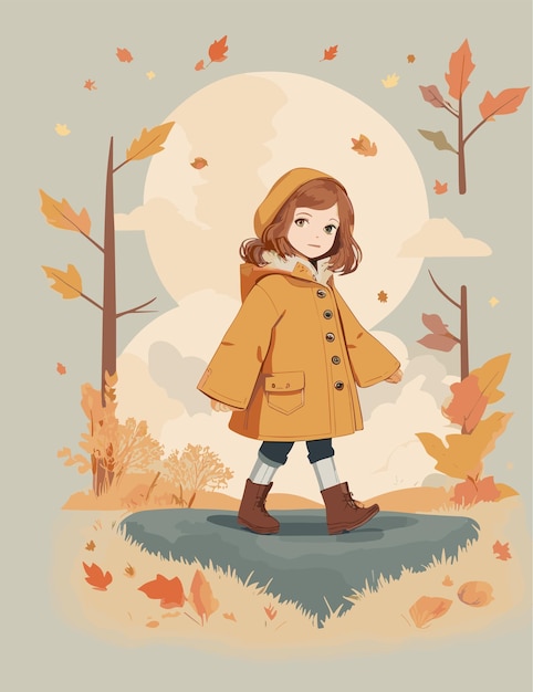 Un'illustrazione piatta di un personaggio bambino con la stagione autunnale e lo sfondo del paesaggio