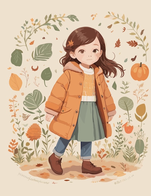 A flat illustration of kid character with fall season and landscape backgroiund