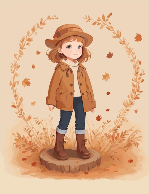 Vector a flat illustration of kid character with fall season and landscape backgroiund