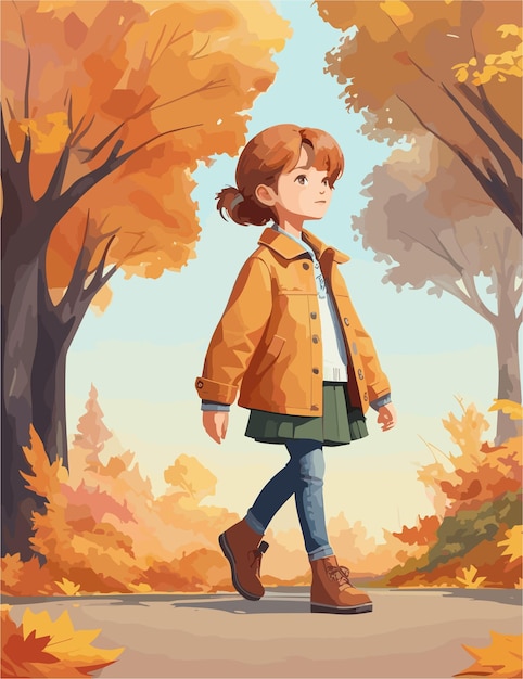 A flat illustration of kid characterin the fall season and landscape view background