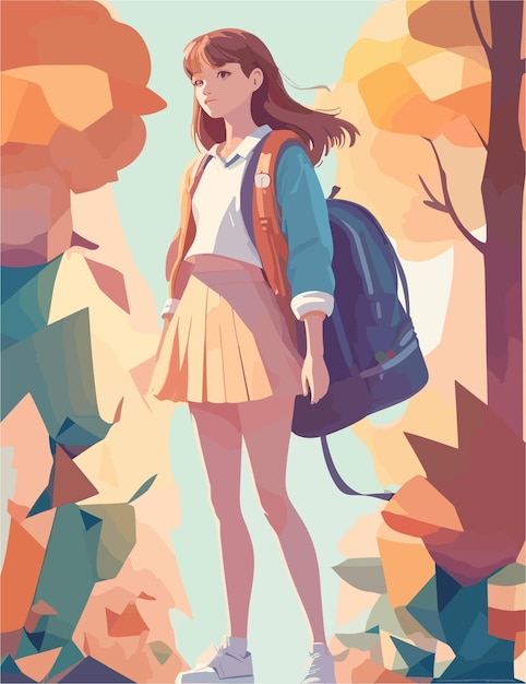 A flat illustration of kid characterin the fall season and landscape view background