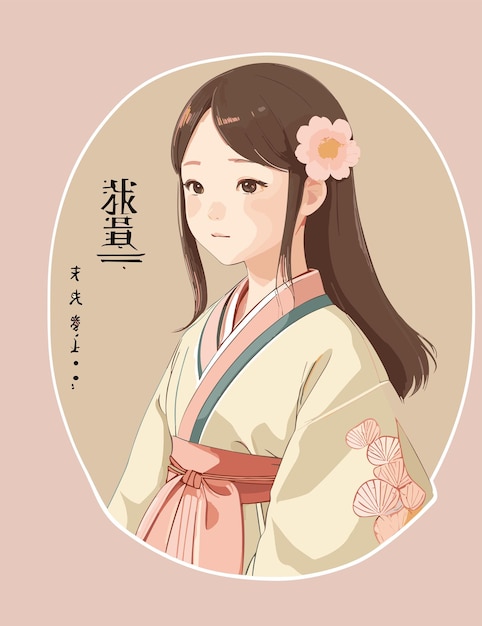A flat illustration of kid girl study japanese languase with kanji japanese typography