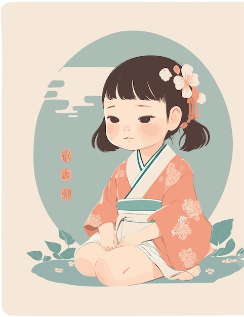 A flat illustration of kid girl study japanese languase with kanji japanese typography