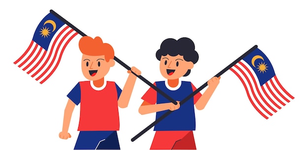 Flat illustration kids holding malaysian flag for malaysia independence day