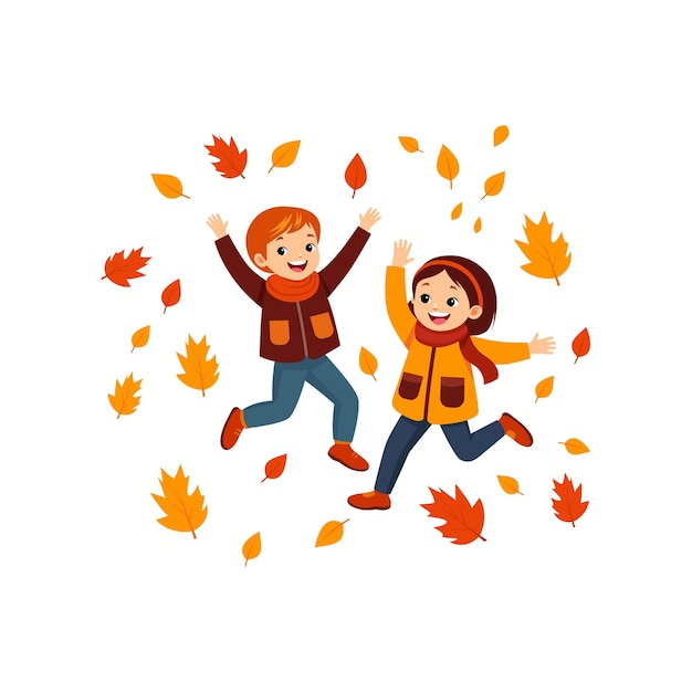 Flat Illustration of Kids Playing in Piles of Leaves for Thanksgiving Theme Illustration