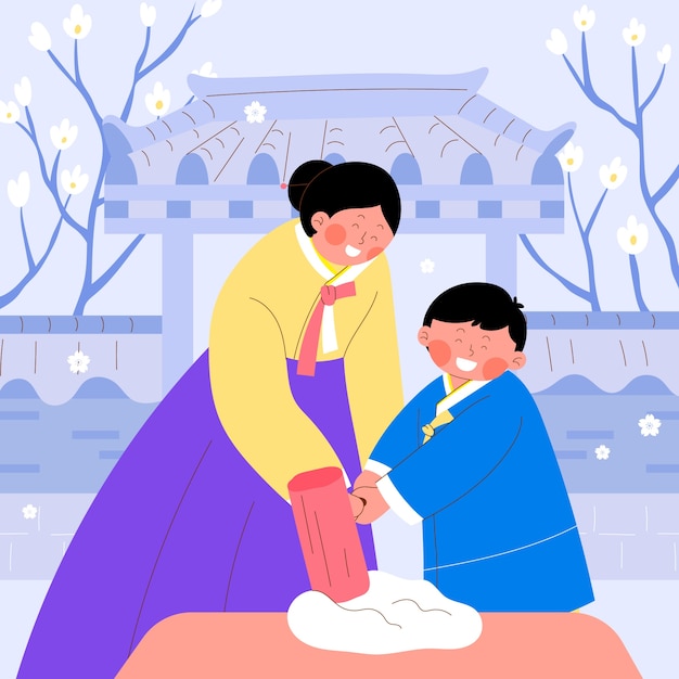 Плоская иллюстрация для празднования корейского фестиваля сеолла