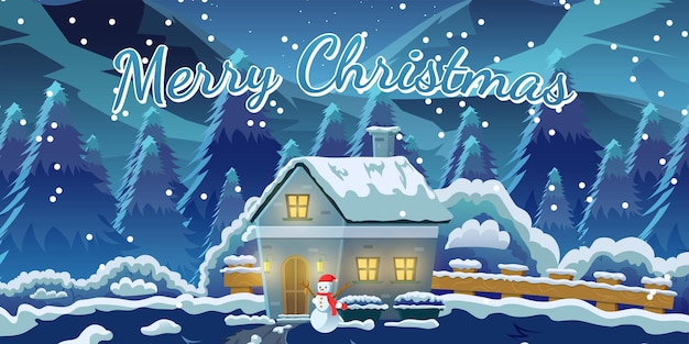 Vector flat illustration landscape christmas greetings with a view of a simple house in the hills at night