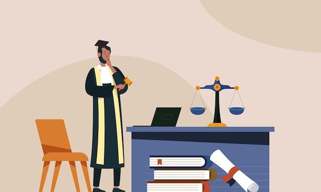 Vettore illustrazione piatta della formazione degli avvocati con libri e altri articoli didattici