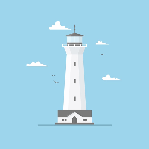 Flat illustration of lighthouse building and blue sky