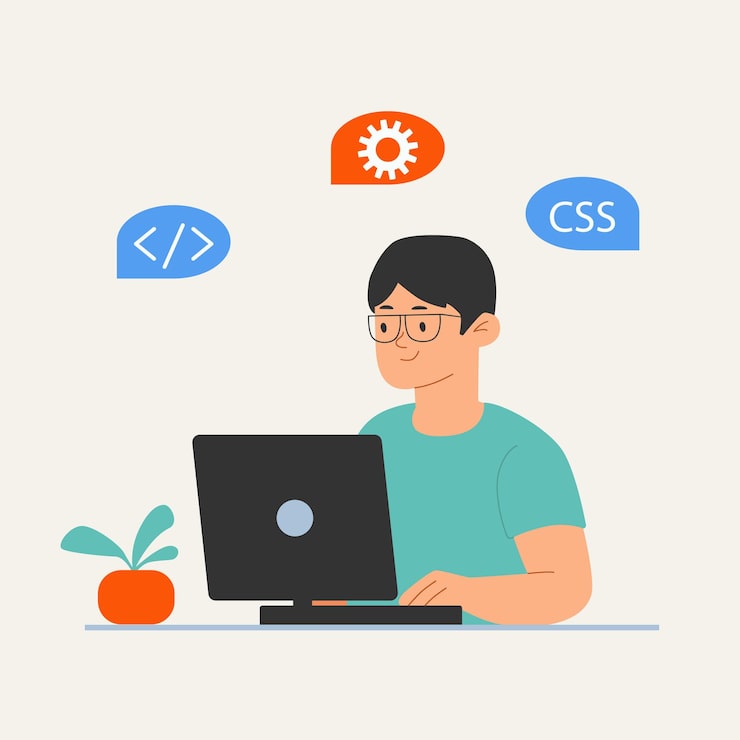 Vector flat illustration of male programmer coding at desk with css icons perfect for tech blogs websites tutorials and web development content developer is sitting at desk in modern minimalistic style
