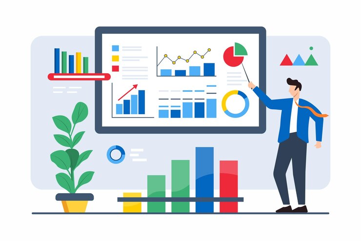 Vector flat illustration of man analyzing market trends through data visualization for strategic planning