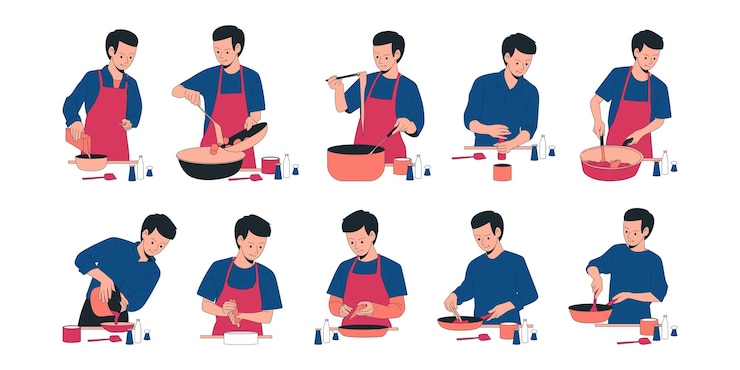 Vector flat illustration of a man cooking in a modern kitchen