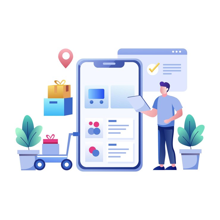 A flat illustration of a man doing shopping from a shopping website