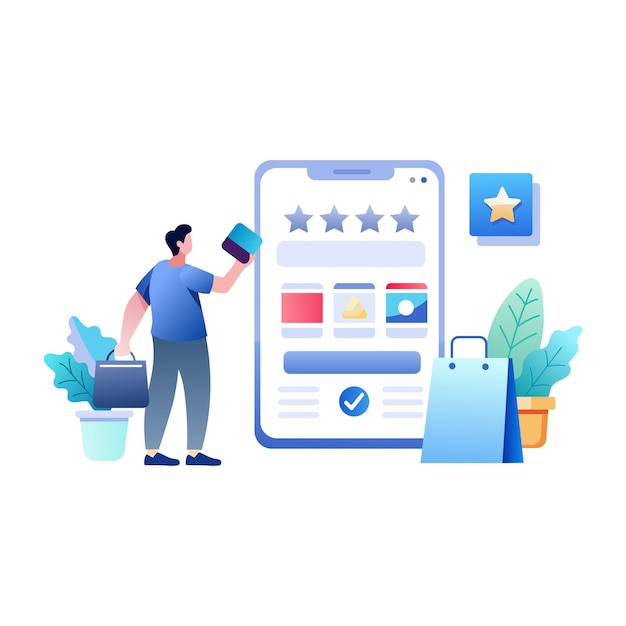 A flat illustration of a man leaving an online review on his smartphone