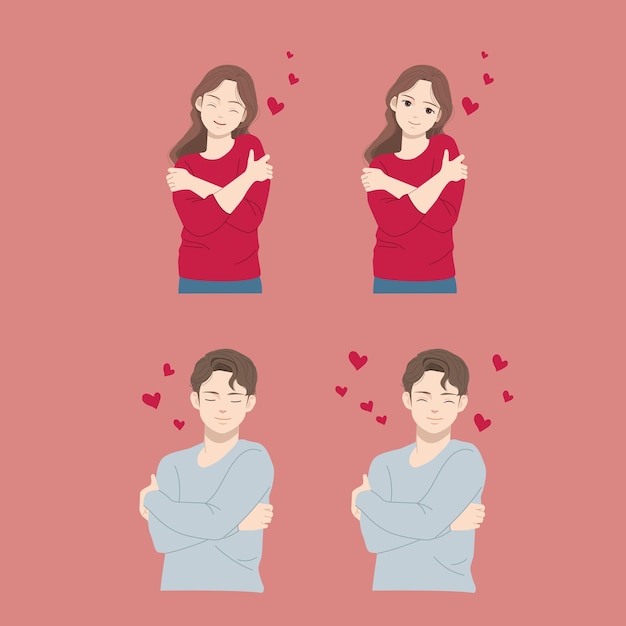 Flat illustration of a man and woman hugging themselves