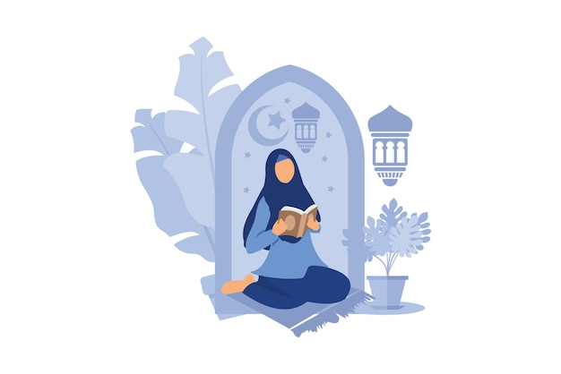 Flat illustration of man and woman studying and reading the holy quran in their daily activity